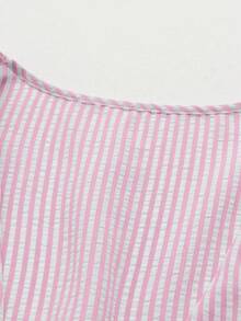 Sweetra Bộ 2 món áo không tay cổ bẻ in họa tiết kẻ sọc thêu và quần short cạp chun dáng casual dành cho nữ, thích hợp cho mùa xuân/hè. - Màu Hồng baby - Xem 6