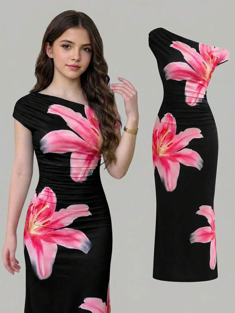SHEIN Girlism 少女休闲优雅舒适波西米亚热带花卉不对称肩部褶皱腰部连衣裙,针织不对称肩部褶皱腰部简约优雅修身连衣裙 - 黑色 - 查看 1
