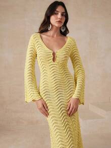 Anewsta Solid Color Sexy Hollow Wave Flare Sleeve Beach Dress - Pale Yellow - View 3