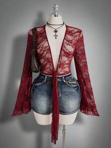 SHEIN ICON Blusa de manga de campana con encaje para mujer de talla grande - Morado - Ver 2