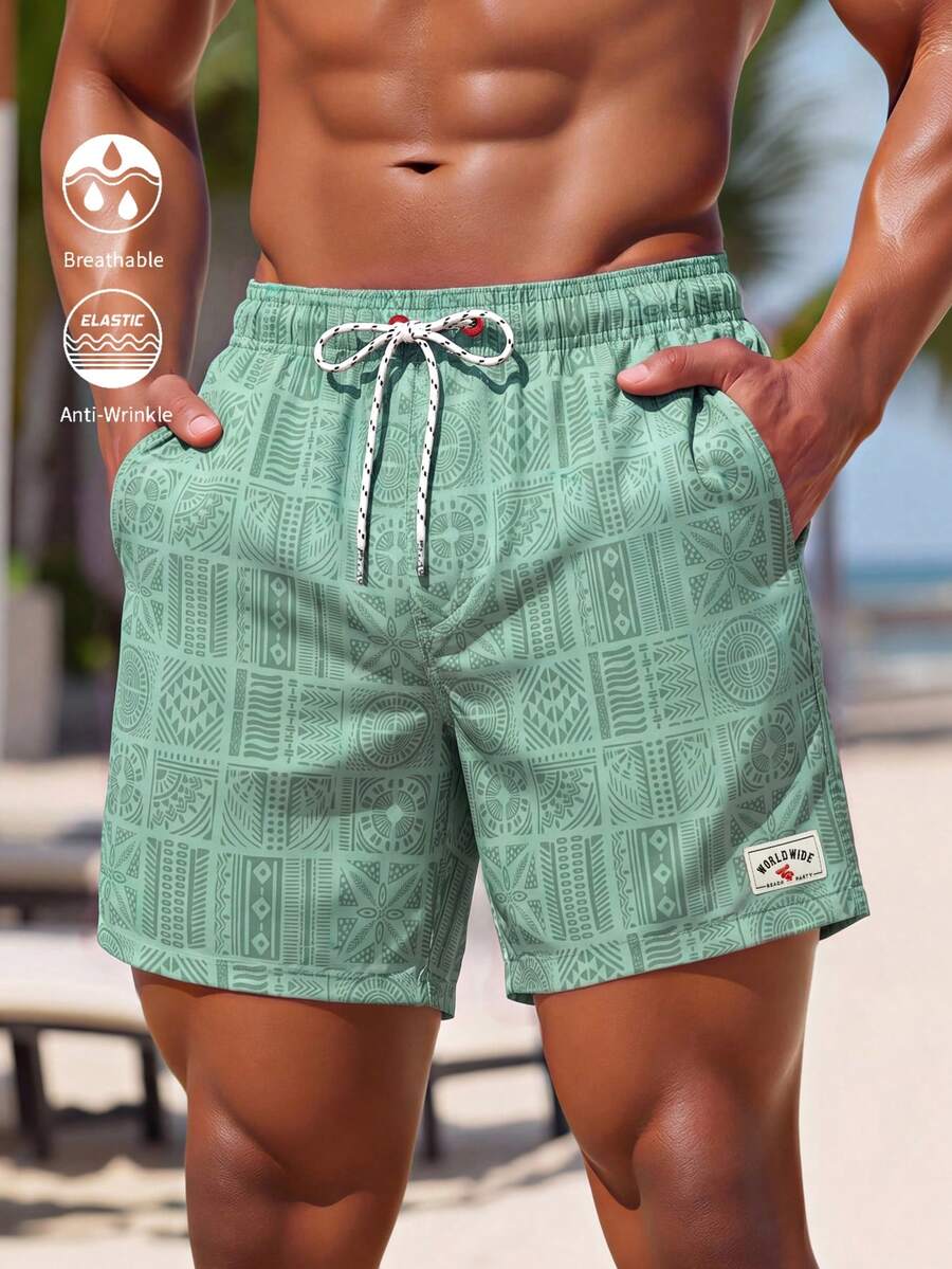 CoralVoy Plus Size Men's Drawstring Waist Pockets Casual Beach Shorts, Holiday - Green - View 1