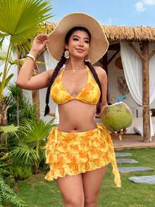 Swim Vcay 大尺碼女款夏季海灘度假花卉印花掛脖繫帶性感比基尼套裝附罩裙 黃色 - 黃色 - 查看 5