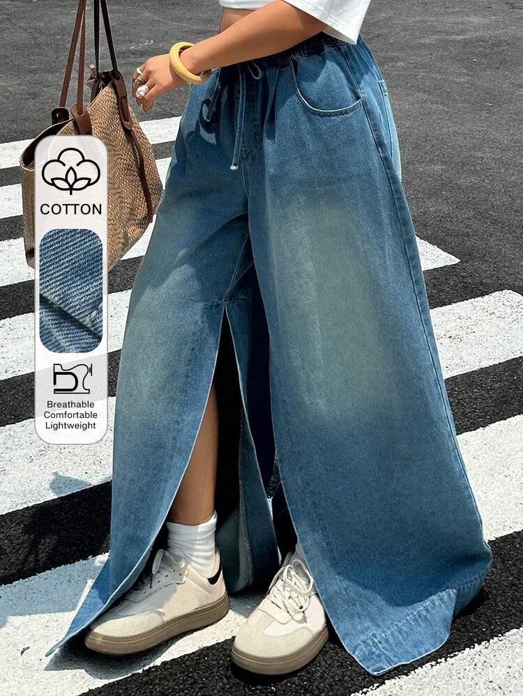 Dazy Plus Plus Size Women's Casual Drawstring Waist Wide Leg Jeans, Blogger Street Style, Versatile For All Seasons