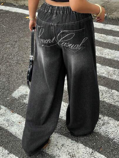 Dazy Plus Jeans negros de pierna recta y holgados con decoración de letras de strass, estilo coreano casual desgastado y lavado, talla grande, para primavera/verano