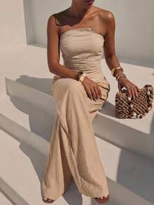 新款夏季休闲度假通勤波西米亚卡其色亚麻不规则褶裥背心+阔腿裤两件套，适合日常穿着、度假、旅行、海滩、西部风情、游牧生活方式、通勤、早午餐、机场穿搭、音乐节、演唱会、派对、节日、婚礼宾客着装 - A - 卡其色 - 查看 7