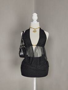 Bellisia 2026 性感串珠网纱深V领迷你连衣裙，适合音乐会和派对等场合 - 黑色 - 查看 1