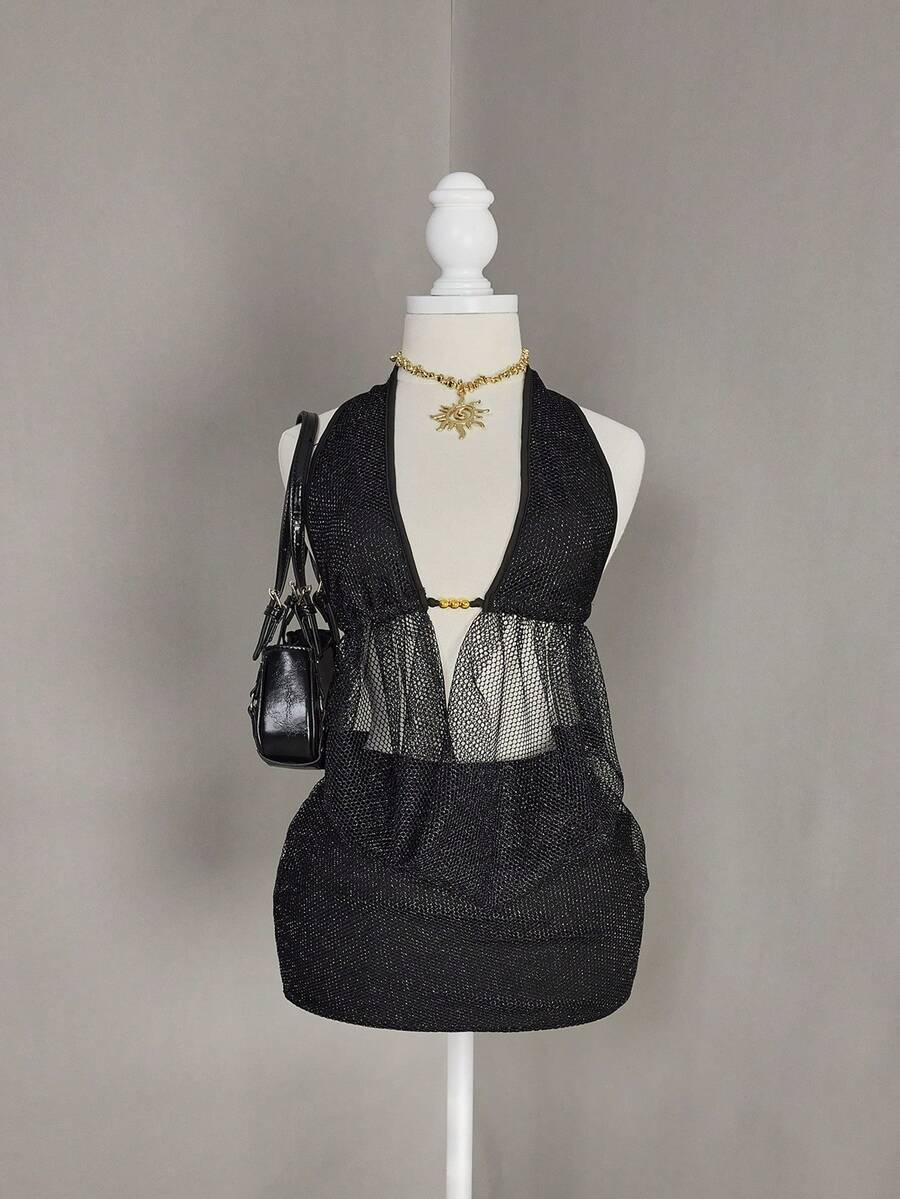 Bellisia 2026 性感串珠网纱深V领迷你连衣裙，适合音乐会和派对等场合 - 黑色 - 查看 1