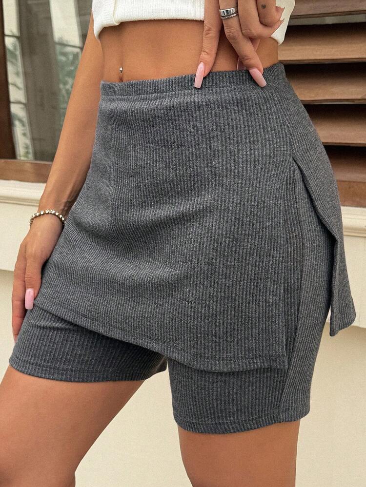 Women's Casual Shorts With Skirt Overlay, Slit Design, Sporty & Vacation Style, Summer