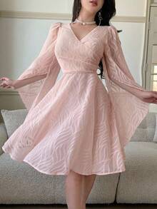 Feyla Women's Textured Overlap V-Neck Split Sleeve Elegant Short Dress - Pink - View 5