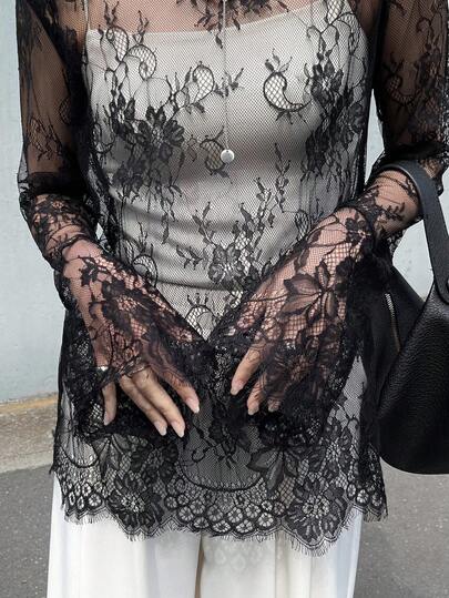 FRIFUL Women's Solid Color Layered Sheer Lace Flare Sleeve Loose Casual Versatile Spring Top