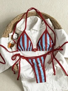 SHEIN Swim Vcay 女士两件套条纹印花随机挂脖比基尼套装，系带泳裤，优雅沙滩泳装 - 彩色 - 查看 6