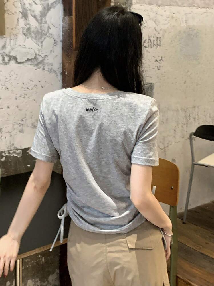 Women's Letter Print Round Neck Short Sleeve Casual Drawstring T-Shirt