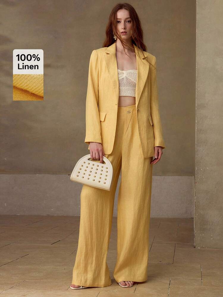WOMEN'S 100% LINEN YELLOW SUIT PANTS, SUITABLE FOR DAILY, DATING, AND COMMUTING, SPRING/SUMMER