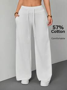 SHEIN PETITE Comfortable And Casual Plain Knit Low-Rise Wide-Leg Women Sweatpants - White - View 5