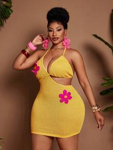 Maweii Women Yellow Summer Beach Vacation Holiday Halter Neck Knitted Dress, Y2K Open-Back Bodycon Mini Dress With 3D Pink Floral Embellishments - Yellow - View 4