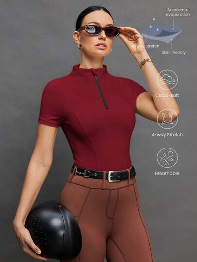 Activina Women's Solid Color Half Zip Front Raglan Short Sleeve Fitted Equestrian Top Activina Women's Solid Color Zipper Design Long Sleeve Equestrian Jacket Activina Women's Solid Color Stand Collar Half-Zip Front Fitted Equestrian Jacket Top Shirt Indoor Outdoor Casual Workout 3k Seksi Chic For Daily Wear Yoga Yoga Studio Tennis Gym Burgendy