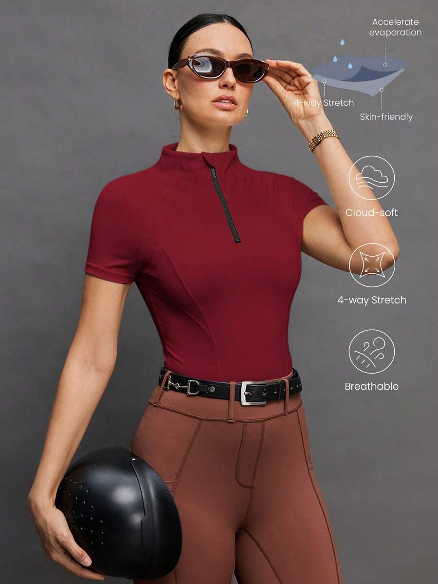 Activina 女士纯色半拉链前开襟插肩短袖修身马术上衣