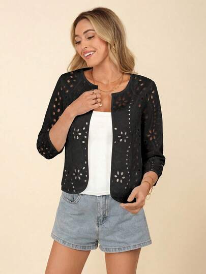 Coeurva Chaqueta ligera con bordado de ojales para mujer de estilo casual, atuendos de resort de verano para mujer, ropa de verano para vacaciones, blusas para salir, blusas bohemias de negocios casuales para otoño/invierno