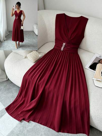 Elenzga Đầm xếp ly không tay cổ chữ V thanh lịch lãng mạn dành cho nữ