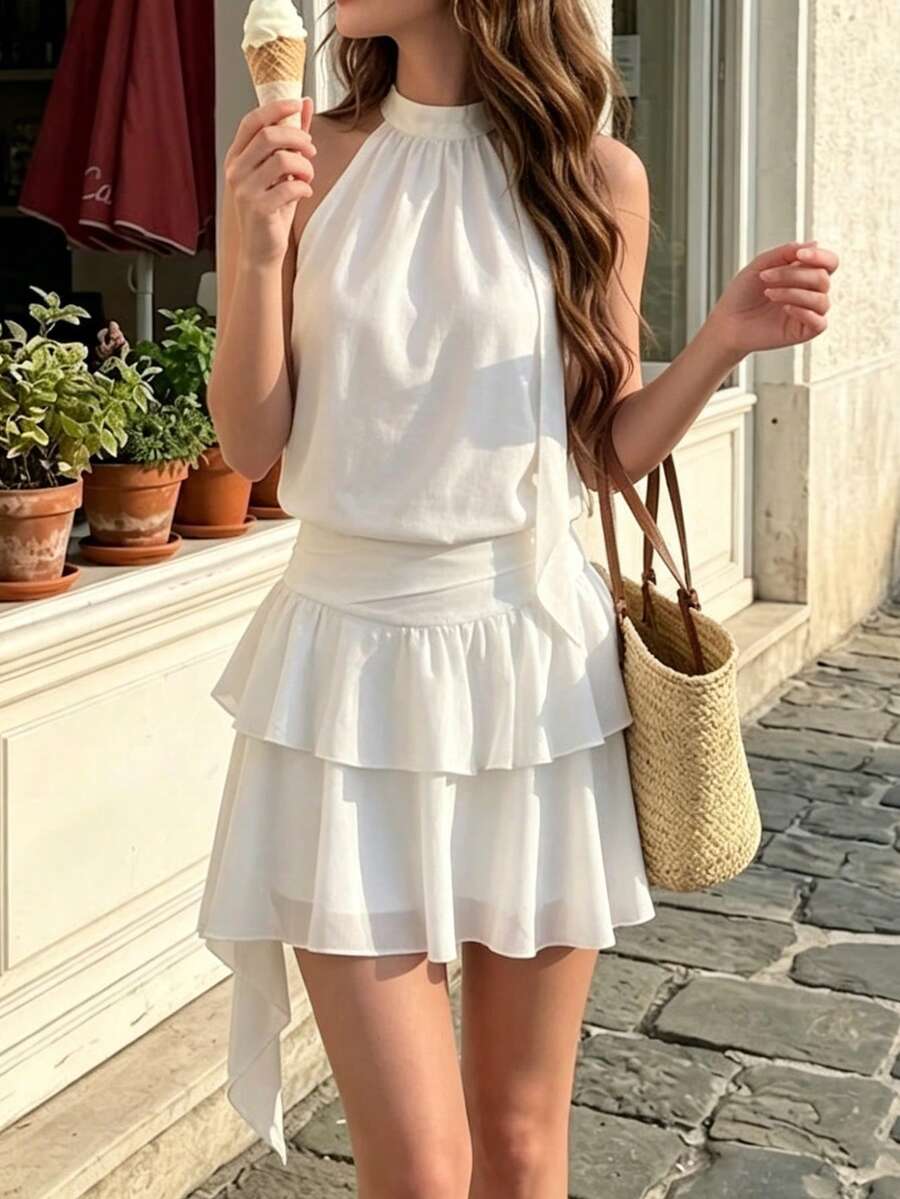 NOVVYNE Đầm nữ gợi cảm và thanh lịch, cổ yếm, không tay, chất liệu chiffon, xếp tầng, bèo nhún, eo cao, dáng suông, thích hợp đi chơi, dự tiệc, đầm ngắn, đầm công sở, màu mơ đang thịnh hành. - Màu be - Xem 1