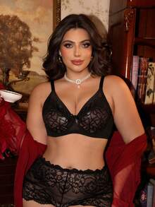 Divavoom Plus Size Lace Contrast Mesh Underwire Sexy Bra - Black - View 1