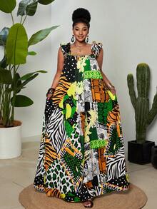 Maweii Plus Size Women's Black And White Contrasting Print Summer Boho Vacation Holiday Dress, Colorful Asymmetric Ruffle Edge Suspender Tropical Long Dress - Green - View 1
