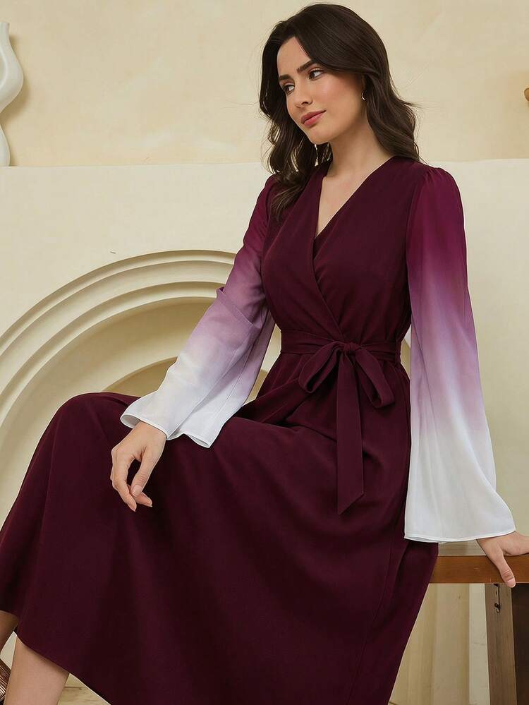 Women's Fashionable Elegant Wrap Waist Flare Sleeve Dress
