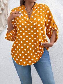 SHEIN Áo kiểu dáng cỡ lớn, cổ chữ V, tay dài, chấm bi, phong cách retro. - Màu vàng - Xem 1