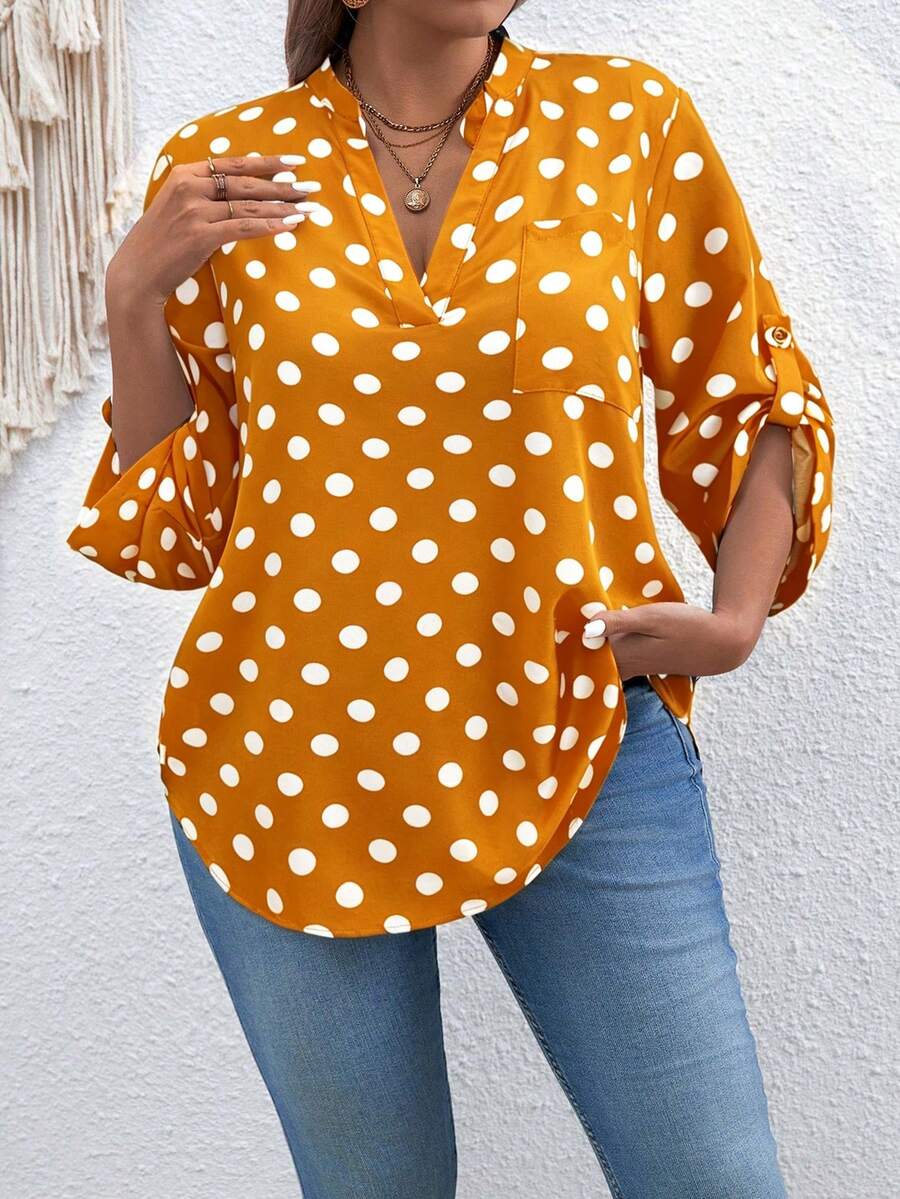 SHEIN Áo kiểu dáng cỡ lớn, cổ chữ V, tay dài, chấm bi, phong cách retro. - Màu vàng - Xem 1