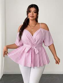 Elenzga Áo kiểu dáng dễ thương, dây mảnh, buộc nơ phía trước, cỡ lớn, kẻ sọc. - Hồng - Xem 1