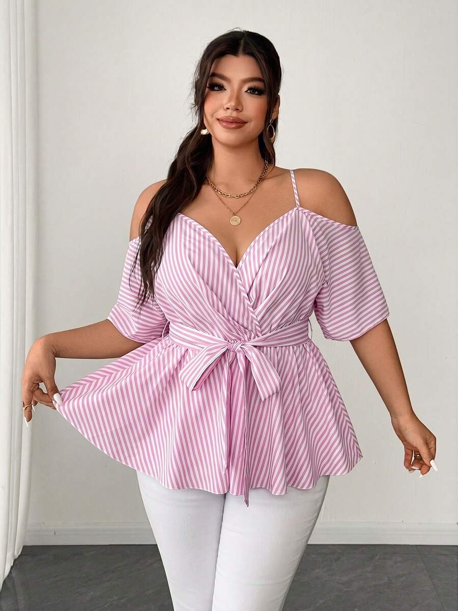 Elenzga Áo kiểu dáng dễ thương, dây mảnh, buộc nơ phía trước, cỡ lớn, kẻ sọc. - Hồng - Xem 1