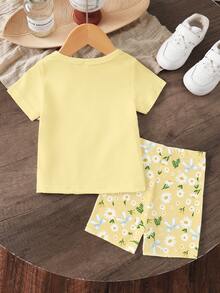 2pcs/Set Young Girl Casual Floral Daisy & Bow Print Short Sleeve T-Shirt And Minimalist Print Shorts Set, Suitable For Summer Outings - Multicolor - View 2