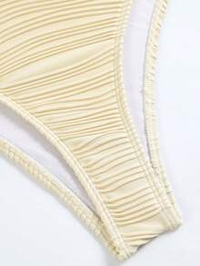 Swim Vcay Spring/Summer Solid Color Strapless Backless Tie Beaded Decor High Cut One-Piece Swimsuit For Beach Holiday Vacation Holiday Beige Casual - Apricot - View 6