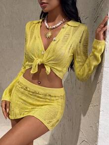 SHEIN Glamour Bộ đồ đi biển mới năm 2026 dành cho nữ, bộ đồ thường ngày cho kỳ nghỉ hè, gồm chân váy ôm sát gợi cảm khoét eo và áo tay dài. - Màu vàng - Xem 1