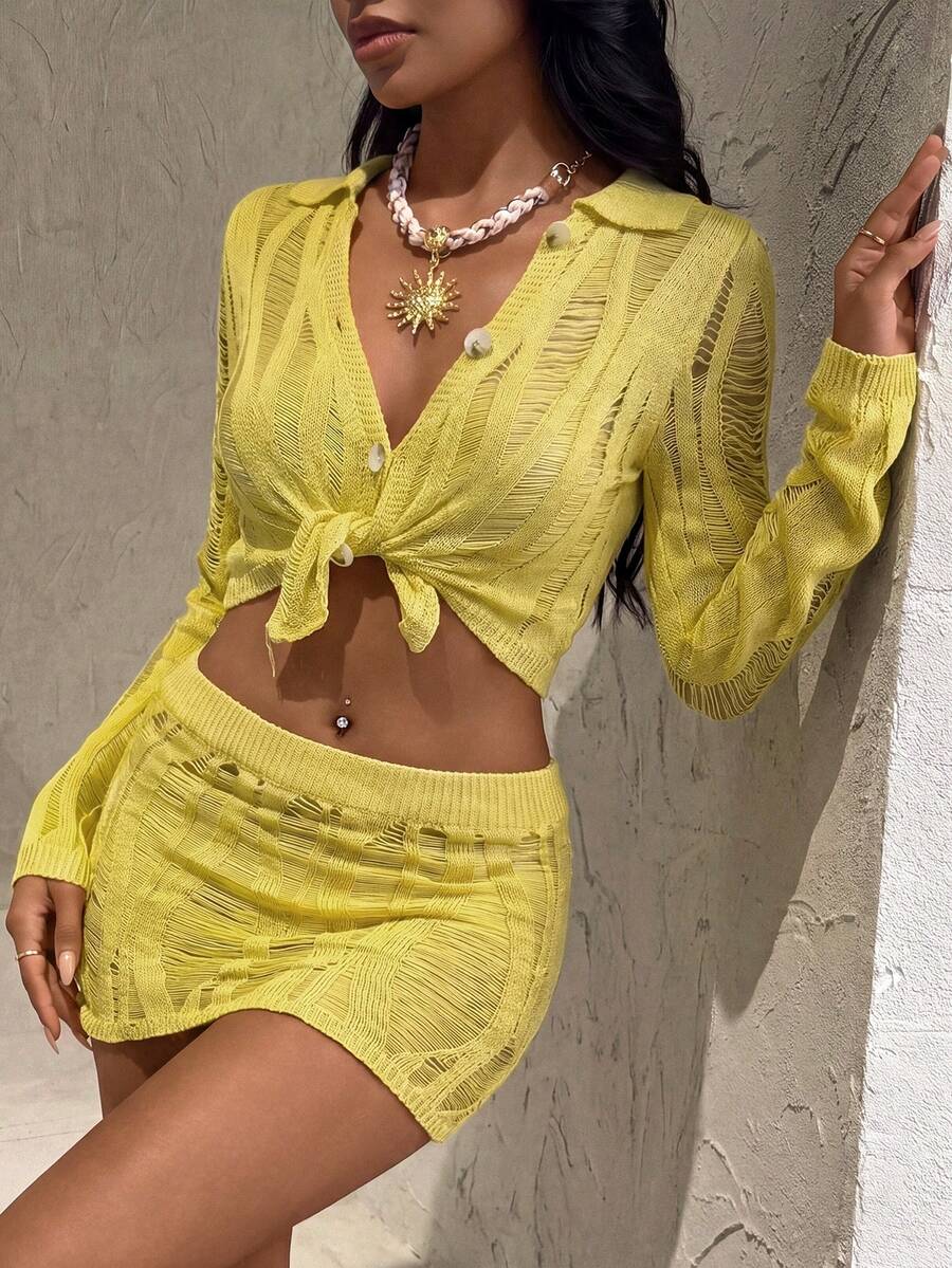 SHEIN Glamour Bộ đồ đi biển mới năm 2026 dành cho nữ, bộ đồ thường ngày cho kỳ nghỉ hè, gồm chân váy ôm sát gợi cảm khoét eo và áo tay dài. - Màu vàng - Xem 1