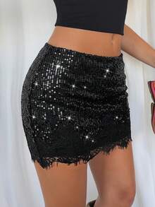 TRNVIE Chân váy ngắn cạp thấp đính sequin và ren dành cho nữ, thích hợp cho các bữa tiệc mùa xuân/hè. - màu đen - Xem 4