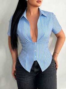 BamGleam French-Style Slim-Fit Blue And White Striped Short-Sleeved Sexy And Elegant Women's Blouse, Suitable For University Campus Wear. Button-Down Top, Blue Striped Shirt, New Summer And Autumn Style Women's Blue Striped Waist-Tie Slim-Fit Long-Sleeved Blouse, Back Tie, Deep V-Neck. - Blue and White - View 4