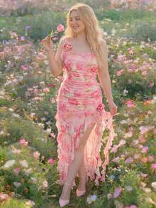 SHEIN MOD Plus Size Women's Pink Floral Summer Elegant Wedding Ninang Dress, Rose Print Corset Rouche Dress For Birthday,Valentine's Day & Events - Multicolor - View 7