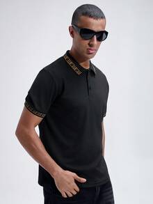 NobleFwd Áo thun polo cổ tròn in họa tiết hình học màu sắc cho nam Old Money Work, dành cho chồng và bố - màu đen - Xem 3