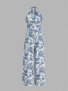 GlowEve 女士欧美风褶皱无袖印花连体裤，蓝色优雅无袖连身裤 - 彩色 - 查看 4