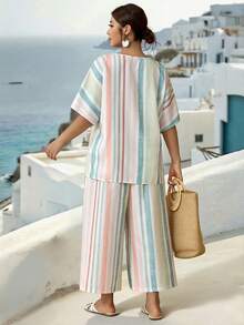 Parysyn Plus Size Woven Printed Casual Resort Summer Women's Two Pieces Set - Multicolor - View 2