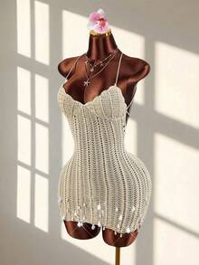 Amplova Vestido mini con escote con forma de concha, espalda cruzada y sin espalda, sexy y vanguardista, adecuado para atuendo de vacaciones - Marrón - Ver 4