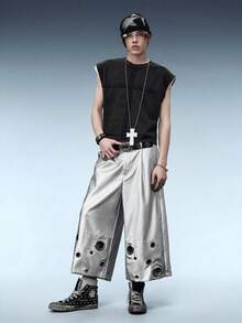 ROMWE MEN Street Life Men's Hip-Hop 7/10 Length PU Leather Shorts - Silver - View 8