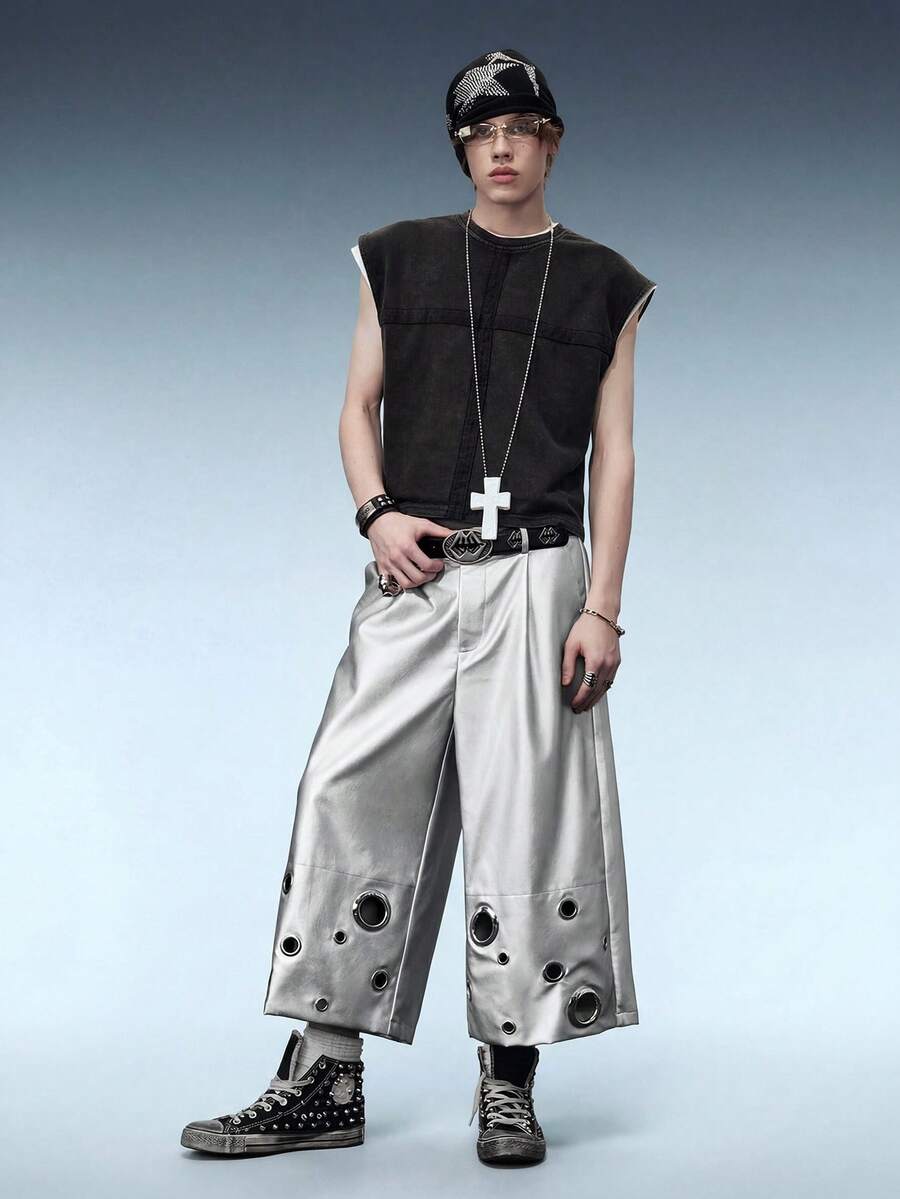 Street Life Men's Hip-Hop 7/10 Length PU Leather Shorts - Silver - View 1