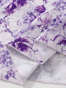 1pc Tween Girl Elegant Floral Digital Print Off-Shoulder Ruffle Adjustable Strap Dress With Satin Belt, Suitable For Daily Wear, Party, Vacation, Casual - Mauve Purple - View 7