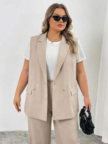 SHEIN CURVE+ Áo vest blazer cổ ve lật hai nút cỡ lớn, trang phục công sở, lễ tốt nghiệp, tựu trường, trang phục giáo viên dành cho nữ mùa thu/đông. - Màu be - Xem 6