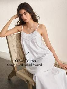 Ocili Camisón de mujer con diseño de encaje calado y bordado floral de algodón, vestido de ropa de dormir para damas - Azul - Ver 1
