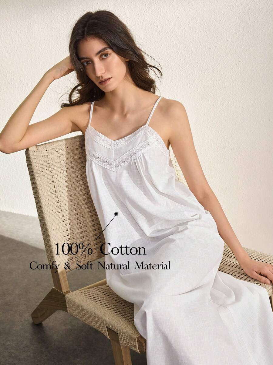 Ocili Camisón de mujer con diseño de encaje calado y bordado floral de algodón, vestido de ropa de dormir para damas - Azul - Ver 1