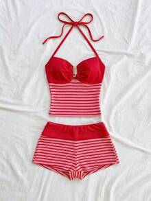 Soleia 两件套度假休闲条纹针织纹理金属扣吊带露脐上衣和短裤套装，适合派对、情人节、约会之夜、夜店、波西米亚风、复古风、假日等场合。 - 紅色 - 查看 4