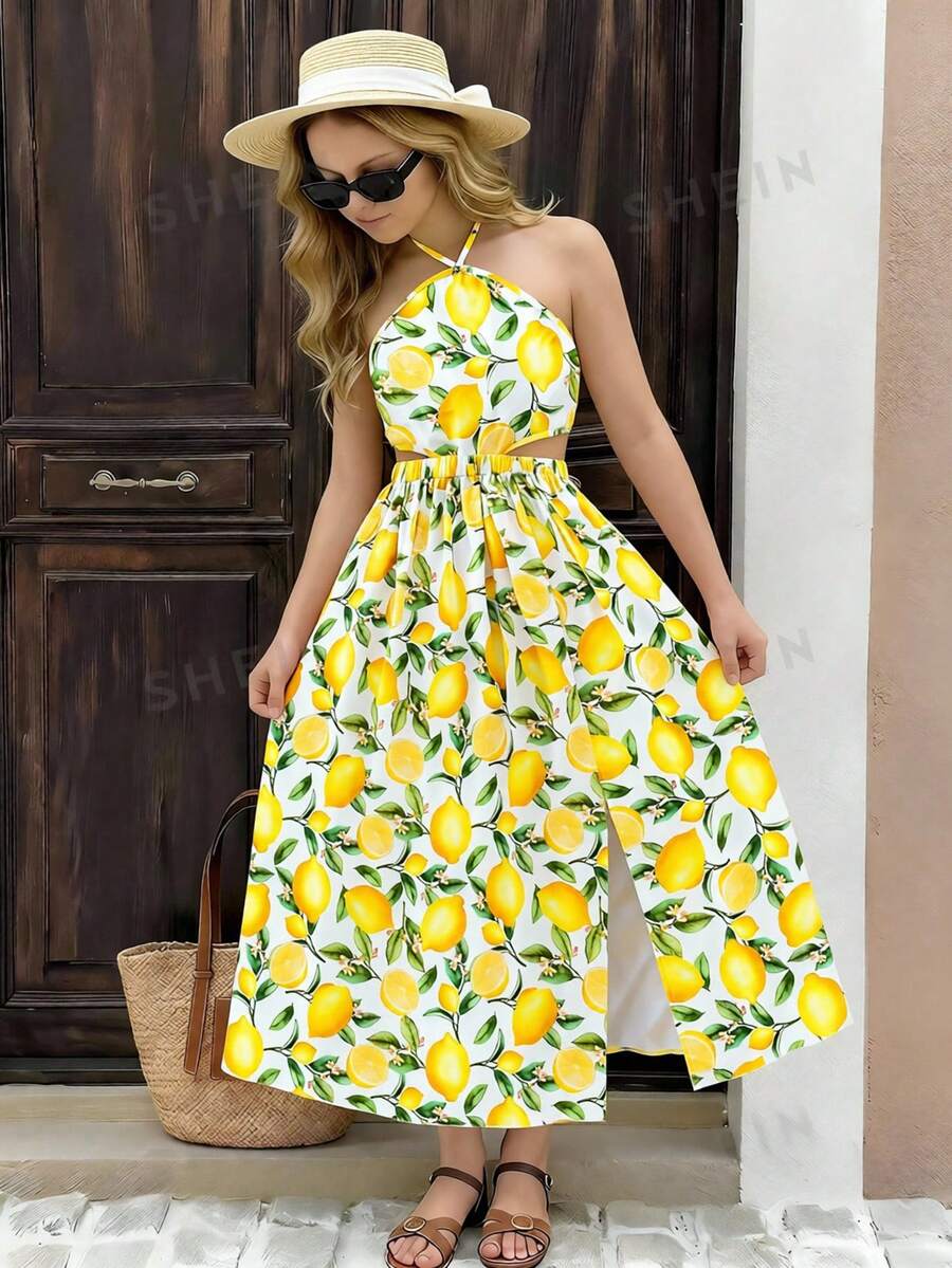 Tween Girl Lemon Print Side Slit Halter Vacation Dress - Yellow - View 1